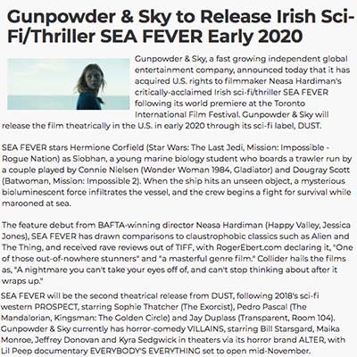 Gunpowder & Sky to Release Irish Sci-Fi/Thriller SEA FEVER Early 2020